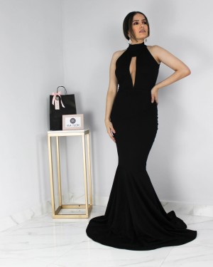Vestido Festa Longo Sereia Gola Alta Decote em Tule Illusion Madrinha Formatura - Nathália Rezende (cor Preto)