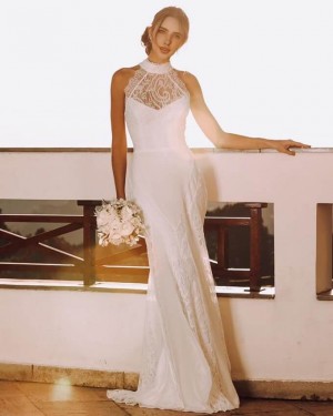 {Vic} Vestido Noiva Longo Sereia Gola Alta Detalhes em Renda na Saia Casamento (cor Branco Off)