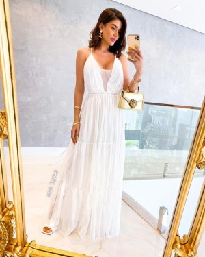 {Yohana} Vestido Longo Rodado Tule Alcinha Saia Três Marias Noiva Casamento (cor Branco Off)