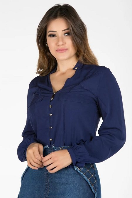 Camisa com recortes e lapela Azul Marinho Via Tolentino Outono Inverno