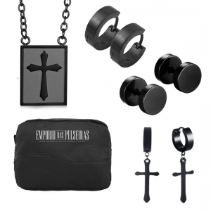 Combo 3 Par de Brincos + 1 Colar Preto Cruz Masculino E Nécessaire Combo 3 Par de Brincos + 1 Colar Preto Cruz Masculino E Nécessaire