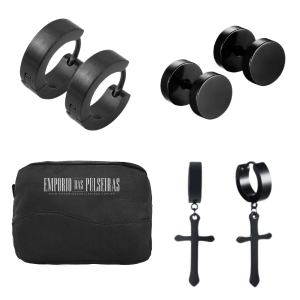 Combo 3 Par de Brincos Masculinos Preto Em Aço + Nécessaire Combo 3 Par de Brincos Masculinos Preto Em Aço + Nécessaire