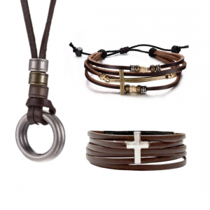 Combo Colar Com Pulseiras Masculinas Ajustáveis Em Couro Combo Colar Com Pulseiras Masculinas Ajustáveis Em Couro