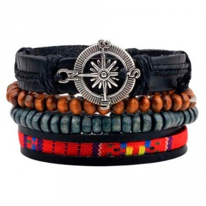 Kit de Pulseiras Masculina Bússola de Couro E Corda Peruano - KP22 Kit de Pulseiras Masculina Bússola de Couro E Corda Peruano - KP22