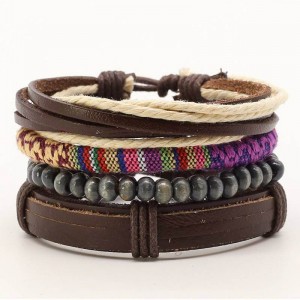 Kit Pulseira de Couro e Tecido Peruano - KP16 Kit Pulseira de Couro e Tecido Peruano - KP16