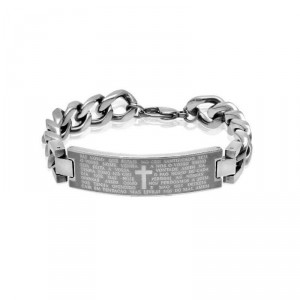 Pulseira De Aço Inoxidável Masculina Prateada Cruz Pai Nosso - PA38 Pulseira De Aço Inoxidável Masculina Prateada Cruz Pai Nosso - PA38