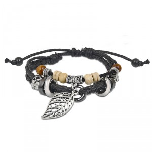 Pulseira de Couro com Pingentes Folha de Louro - PC39-G Pulseira de Couro com Pingentes Folha de Louro - PC39-G