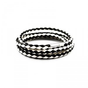 Pulseira Couro Trançado Preto e Branco Com Metal Niquelado - PC59-C Pulseira Couro Trançado Preto e Branco Com Metal Niquelado - PC59-C
