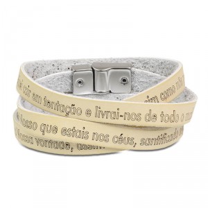 Pulseira de Couro Branco com Oração Pai Nosso - PC102 Pulseira de Couro Branco com Oração Pai Nosso - PC102