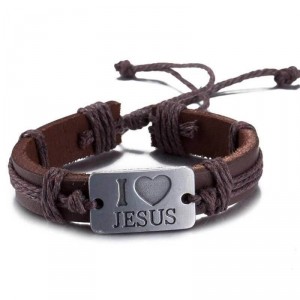 Pulseira de Couro Marrom com Placa de Aço Eu Amo Jesus Pulseira de Couro Marrom com Placa de Aço Eu Amo Jesus