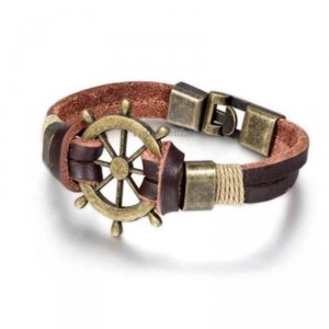 Pulseira de Couro Legítimo com Pingente Timão de Barco Pulseira de Couro Legítimo com Pingente Timão de Barco