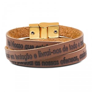 Pulseira Masculina de Couro Marrom com Oração Pai Nosso - PC103 Pulseira Masculina de Couro Marrom com Oração Pai Nosso - PC103