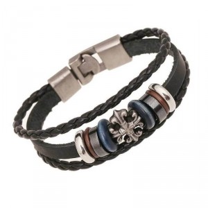 Pulseira de Couro com Elos e Cruz em Aço - PC50 Pulseira de Couro com Elos e Cruz em Aço - PC50