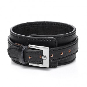 Pulseira de Couro Masculina Preta com Fivela em Aço Inoxidável Pulseira de Couro Masculina Preta com Fivela em Aço Inoxidável