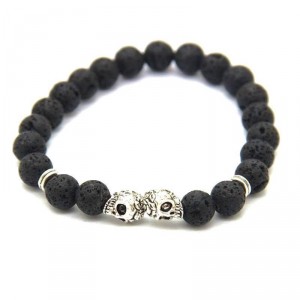 Pulseira de Pedra Lava Vulcânica com Caveiras Gêmeas Prata - PP21-B Pulseira de Pedra Lava Vulcânica com Caveiras Gêmeas Prata - PP21-B