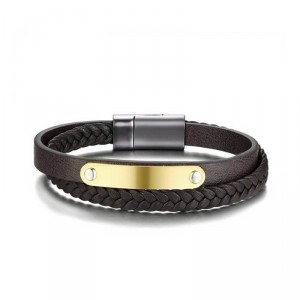Pulseira Masculina de Couro Marrom Placa Gravável - PCL29 Pulseira Masculina de Couro Marrom Placa Gravável - PCL29