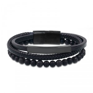 Pulseira Masculina 3 em 1 De Couro e Pedra Lava Vulcânica Pulseira Masculina 3 em 1 De Couro e Pedra Lava Vulcânica