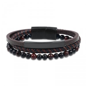 Pulseira Masculina 3 em 1 De Couro e Pedra Tons Vinho Pulseira Masculina 3 em 1 De Couro e Pedra Tons Vinho