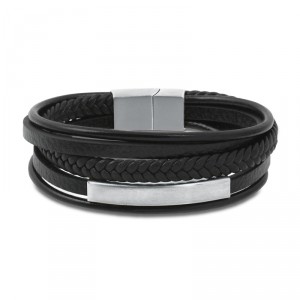 Pulseira Masculina 5 Tiras de Couro Com Placa De Aço Inox Escovado Pulseira Masculina 5 Tiras de Couro Com Placa De Aço Inox Escovado