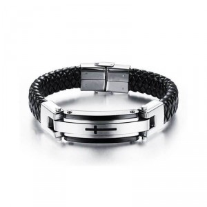 Pulseira de Couro e Aço inox com Cruz em Titânio - PCL05 Pulseira de Couro e Aço inox com Cruz em Titânio - PCL05