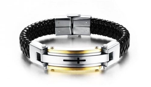 Pulseira de Couro e Aço com Filete Dourado e Cruz - PCL04