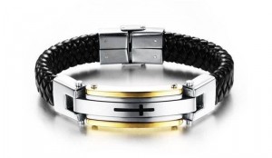 Pulseira de Couro e Aço com Filete Dourado e Cruz - PCL04 Pulseira de Couro e Aço com Filete Dourado e Cruz - PCL04
