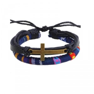 Pulseira Masculina de Couro Cruz E Tecido Peruano -PD24 Pulseira Masculina de Couro Cruz E Tecido Peruano -PD24