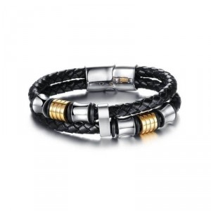 Pulseira de Couro Trançado Preto e Aço Inox Pulseira de Couro Trançado Preto e Aço Inox