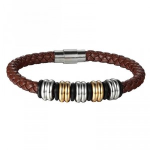 Pulseira de Couro Marrom com 5 Beads Prata e Ouro Pulseira de Couro Marrom com 5 Beads Prata e Ouro