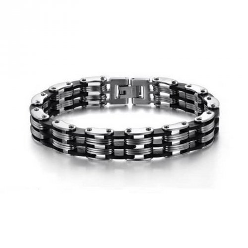 Pulseira Masculina de Aço com Detalhes em Silicone Preto - PA12