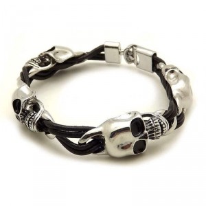Pulseira de Couro com Caveira em Aço Inoxidável - PC78 Pulseira de Couro com Caveira em Aço Inoxidável - PC78