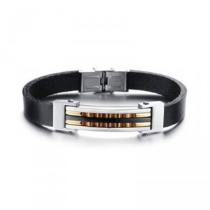 Pulseiras Masculinas de Couro com Filete em Titânio e Banho de Ouro - PCL11-A Pulseiras Masculinas de Couro com Filete em Titânio e Banho de Ouro - PCL11-A