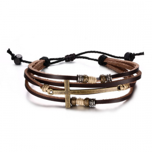 Pulseira Masculina de Couro Marrom Cruz Minimalista Ajustável Pulseira Masculina de Couro Marrom Cruz Minimalista Ajustável