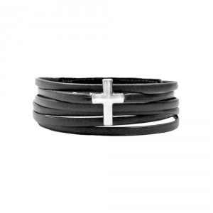 Pulseira Masculina De Couro Natural Preto Ajustável Cruz da Fé Pulseira Masculina De Couro Natural Preto Ajustável Cruz da Fé