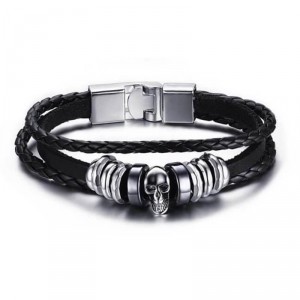 Pulseiras Masculinas de Couro Preto com Caveira em Aço - PC77 Pulseiras Masculinas de Couro Preto com Caveira em Aço - PC77