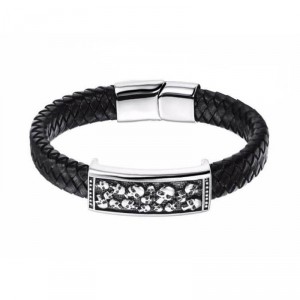 Pulseira Masculina de Couro Trançado e Aço com Caveirinhas Pulseira Masculina de Couro Trançado e Aço com Caveirinhas