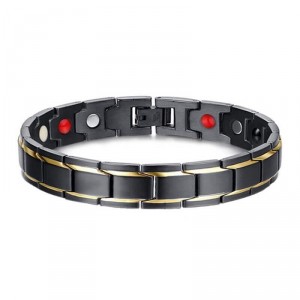 Pulseira Masculina de Aço Magnética Preta e Filetes Banhados a Ouro 18K Pulseira Masculina de Aço Magnética Preta e Filetes Banhados a Ouro 18K