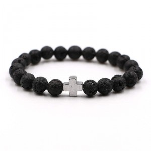 Pulseira Masculina de Pedra Lava Vulcânica Cruz Greek Cross - PP38 Pulseira Masculina de Pedra Lava Vulcânica Cruz Greek Cross - PP38