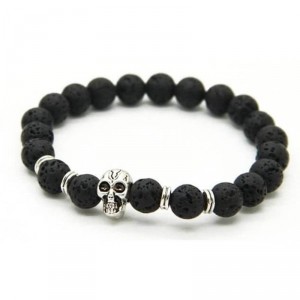 Pulseira Masculina Pedra Lava Vulcânica com Caveira - PP11- A Pulseira Masculina Pedra Lava Vulcânica com Caveira - PP11- A