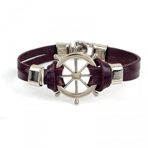 Pulseira Náutica de Couro Vinho com Pingente Timão - PC83-B Pulseira Náutica de Couro Vinho com Pingente Timão - PC83-B