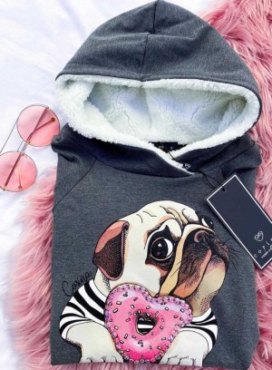Corina Casaco de Moletom Pug Docinho com Capuz de Pelinhos - Mescla Escuro