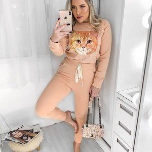 Corina Conjunto de Moletom Calça + Casaco Gato - Rosê