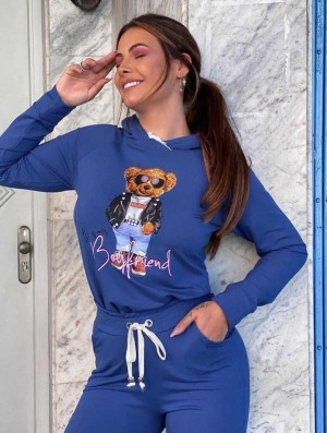 Corina Conjunto de Moletom Calça + Casaco Urso - Azul