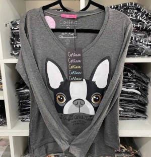 Corina T-Shirt Manga Longa Buldogue - Mescla Escuro
