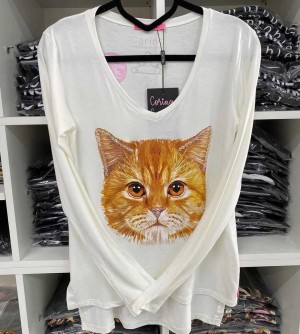 Corina T-Shirt Manga Longa Gato - Off White - com bordado