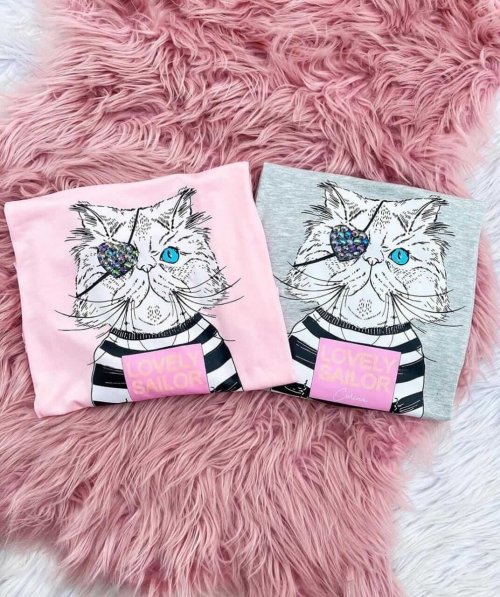 Corina T-Shirt Manga Longa Gato - Rosa Claro / Mescla Claro - com bordado