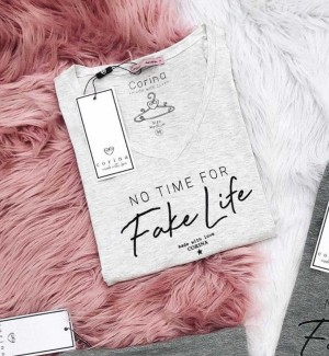 Corina T-Shirt Manga Longa No Time for Fake Life - Mescla Claro