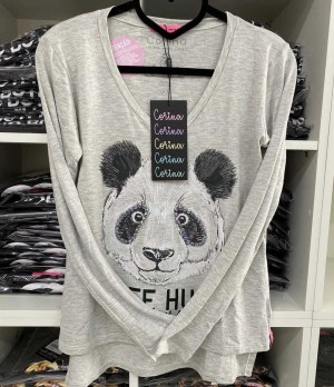 Corina T-Shirt Manga Longa Panda - Mescla Claro - com bordado