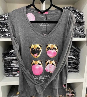 Corina T-Shirt Manga Longa Pug Chiclete - Mescla Escuro