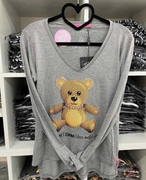 Corina T-Shirt Manga Longa Urso - Mescla Médio - com bordado